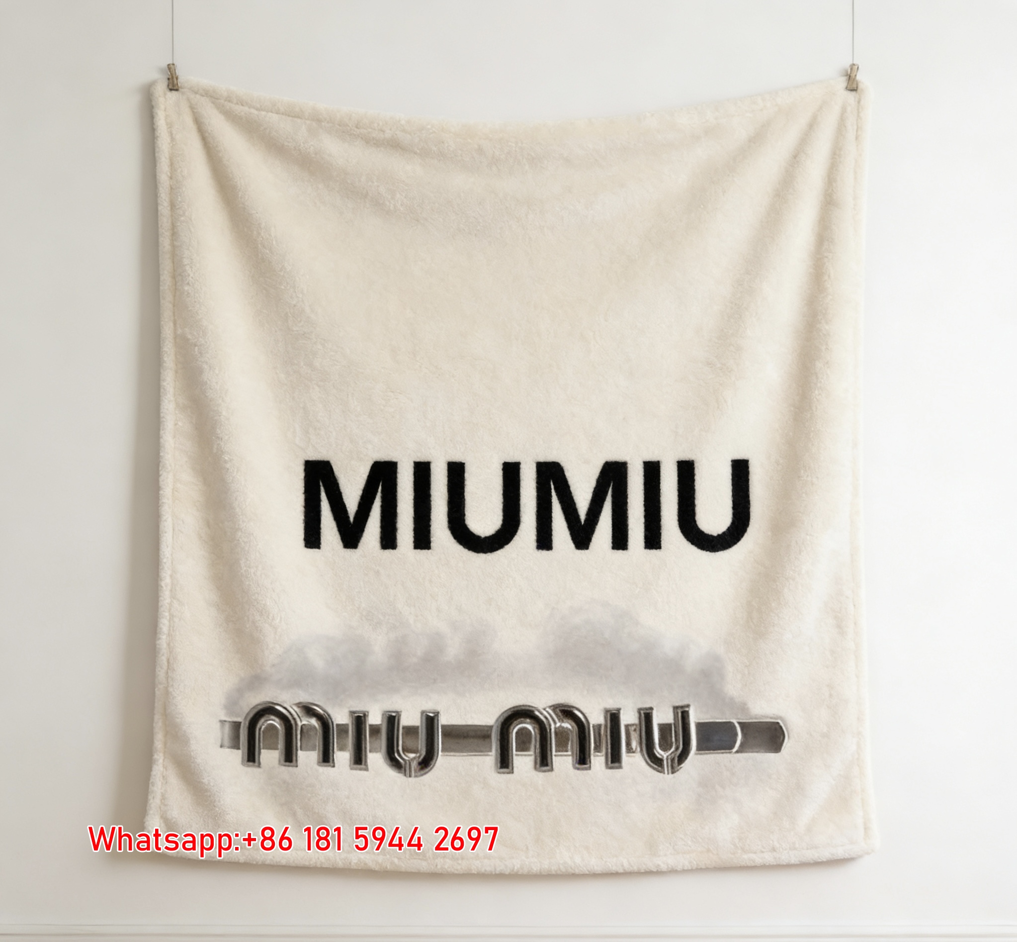 Miumiu Cream Yellow Black Logo Flannel Sofa Throw Blanket – Printed Brooch Design IMG_0566